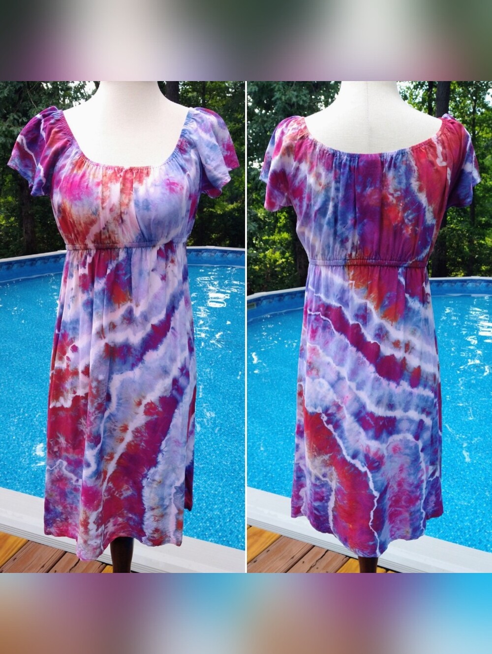 Coral, Orchid, Ice Blue & Cobalt Ice Dye Tie Dye Midi Peasant Style Dress ~ Sz S